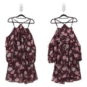 Torrid Women Plus 20 Dress Wine Red Floral Chiffon Halter Cold Shoulder Ruffle